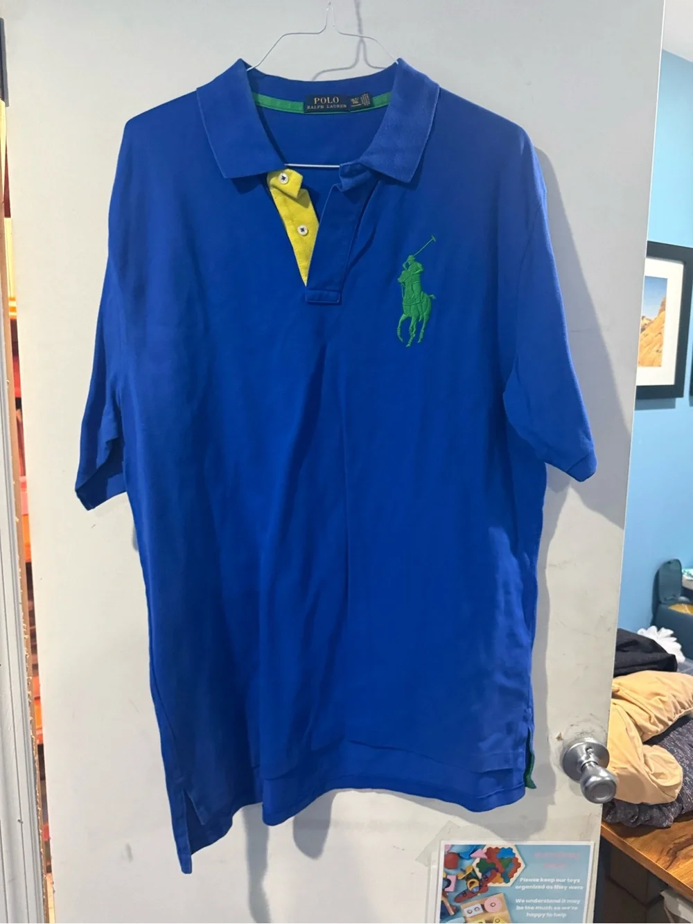 Ralph Lauren Royal Blue Polo with Lime Logo and Red Sleeve Detail